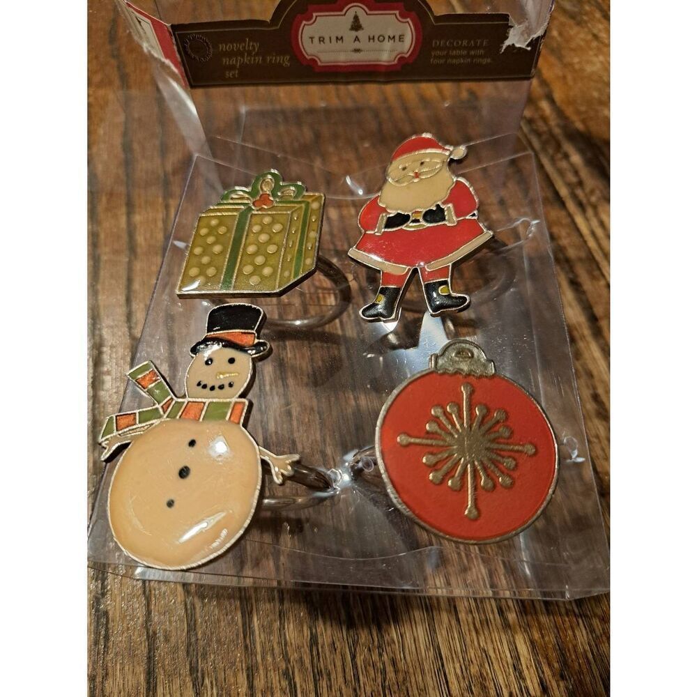 Trim-A-Home Christmas Holiday Napkin Rings Set 4 Holiday Novelty w Box Vintage